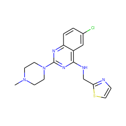 CN1CCN(c2nc(NCc3nccs3)c3cc(Cl)ccc3n2)CC1 ZINC000040380162