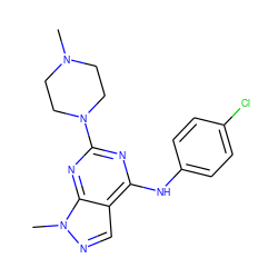 CN1CCN(c2nc(Nc3ccc(Cl)cc3)c3cnn(C)c3n2)CC1 ZINC000015682342