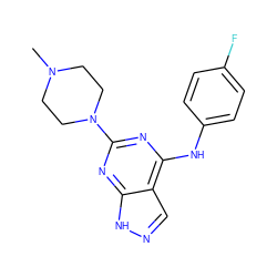 CN1CCN(c2nc(Nc3ccc(F)cc3)c3cn[nH]c3n2)CC1 ZINC000023135911