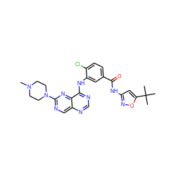 CN1CCN(c2ncc3ncnc(Nc4cc(C(=O)Nc5cc(C(C)(C)C)on5)ccc4Cl)c3n2)CC1 ZINC000148085270