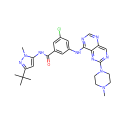 CN1CCN(c2ncc3ncnc(Nc4cc(Cl)cc(C(=O)Nc5cc(C(C)(C)C)nn5C)c4)c3n2)CC1 ZINC000148268068