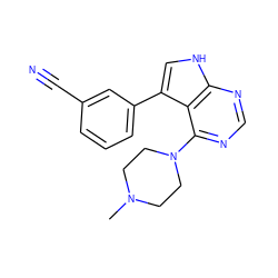 CN1CCN(c2ncnc3[nH]cc(-c4cccc(C#N)c4)c23)CC1 ZINC000299868470