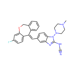 CN1CCN(n2c(NC#N)nc3cc(/C=C4\c5ccccc5COc5cc(F)ccc54)ccc32)CC1 ZINC000043206666