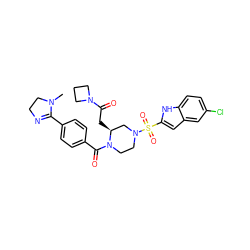 CN1CCN=C1c1ccc(C(=O)N2CCN(S(=O)(=O)c3cc4cc(Cl)ccc4[nH]3)C[C@@H]2CC(=O)N2CCC2)cc1 ZINC000026176194