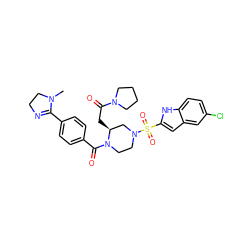 CN1CCN=C1c1ccc(C(=O)N2CCN(S(=O)(=O)c3cc4cc(Cl)ccc4[nH]3)C[C@@H]2CC(=O)N2CCCC2)cc1 ZINC000026175485