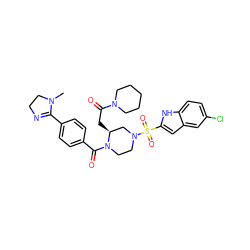 CN1CCN=C1c1ccc(C(=O)N2CCN(S(=O)(=O)c3cc4cc(Cl)ccc4[nH]3)C[C@@H]2CC(=O)N2CCCCC2)cc1 ZINC000026175035