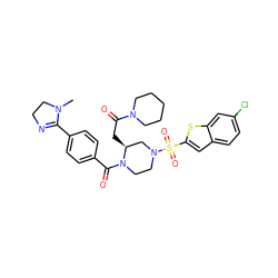 CN1CCN=C1c1ccc(C(=O)N2CCN(S(=O)(=O)c3cc4ccc(Cl)cc4s3)C[C@@H]2CC(=O)N2CCCCC2)cc1 ZINC000026176130