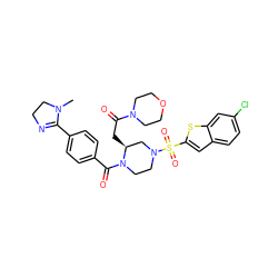 CN1CCN=C1c1ccc(C(=O)N2CCN(S(=O)(=O)c3cc4ccc(Cl)cc4s3)C[C@@H]2CC(=O)N2CCOCC2)cc1 ZINC000026181598