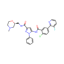 CN1CCO[C@@H](CNC(=O)c2cc(NC(=O)c3cc(-c4ncccc4F)ccc3Cl)n(-c3ccccc3)n2)C1 ZINC001772650023