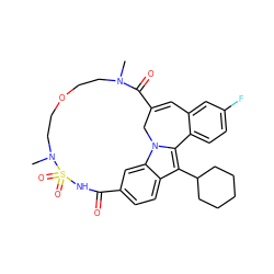 CN1CCOCCN(C)S(=O)(=O)NC(=O)c2ccc3c(C4CCCCC4)c4n(c3c2)CC(=Cc2cc(F)ccc2-4)C1=O ZINC000084655334