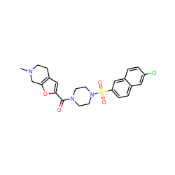 CN1CCc2cc(C(=O)N3CCN(S(=O)(=O)c4ccc5cc(Cl)ccc5c4)CC3)oc2C1 ZINC000013584067