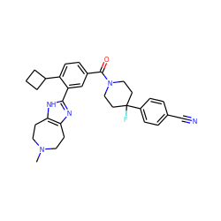 CN1CCc2nc(-c3cc(C(=O)N4CCC(F)(c5ccc(C#N)cc5)CC4)ccc3C3CCC3)[nH]c2CC1 ZINC000150234209