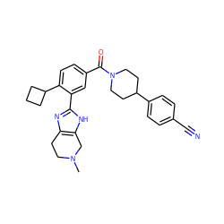 CN1CCc2nc(-c3cc(C(=O)N4CCC(c5ccc(C#N)cc5)CC4)ccc3C3CCC3)[nH]c2C1 ZINC000150288242