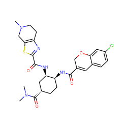 CN1CCc2nc(C(=O)N[C@@H]3C[C@@H](C(=O)N(C)C)CC[C@@H]3NC(=O)C3=Cc4ccc(Cl)cc4OC3)sc2C1 ZINC000049762040