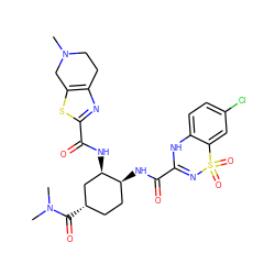 CN1CCc2nc(C(=O)N[C@@H]3C[C@@H](C(=O)N(C)C)CC[C@@H]3NC(=O)C3=NS(=O)(=O)c4cc(Cl)ccc4N3)sc2C1 ZINC000049756577