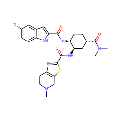 CN1CCc2nc(C(=O)N[C@@H]3C[C@@H](C(=O)N(C)C)CC[C@@H]3NC(=O)c3cc4cc(Cl)ccc4[nH]3)sc2C1 ZINC000024745003