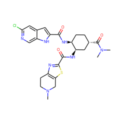 CN1CCc2nc(C(=O)N[C@@H]3C[C@@H](C(=O)N(C)C)CC[C@@H]3NC(=O)c3cc4cc(Cl)ncc4[nH]3)sc2C1 ZINC000049762337