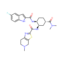 CN1CCc2nc(C(=O)N[C@@H]3C[C@@H](C(=O)N(C)C)CC[C@@H]3NC(=O)c3cc4cc(F)ccc4[nH]3)sc2C1 ZINC000045350477