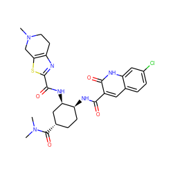 CN1CCc2nc(C(=O)N[C@@H]3C[C@@H](C(=O)N(C)C)CC[C@@H]3NC(=O)c3cc4ccc(Cl)cc4[nH]c3=O)sc2C1 ZINC000049757023