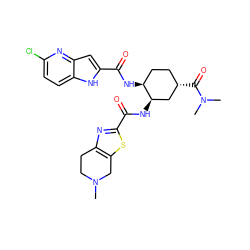 CN1CCc2nc(C(=O)N[C@@H]3C[C@@H](C(=O)N(C)C)CC[C@@H]3NC(=O)c3cc4nc(Cl)ccc4[nH]3)sc2C1 ZINC000049756414