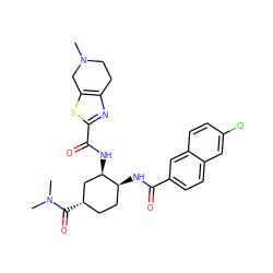 CN1CCc2nc(C(=O)N[C@@H]3C[C@@H](C(=O)N(C)C)CC[C@@H]3NC(=O)c3ccc4cc(Cl)ccc4c3)sc2C1 ZINC000049756802