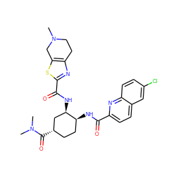 CN1CCc2nc(C(=O)N[C@@H]3C[C@@H](C(=O)N(C)C)CC[C@@H]3NC(=O)c3ccc4cc(Cl)ccc4n3)sc2C1 ZINC000049767323