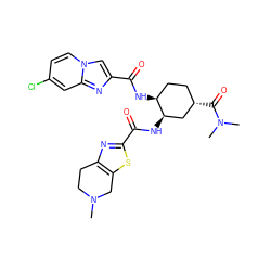 CN1CCc2nc(C(=O)N[C@@H]3C[C@@H](C(=O)N(C)C)CC[C@@H]3NC(=O)c3cn4ccc(Cl)cc4n3)sc2C1 ZINC000049771277