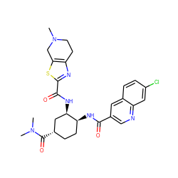 CN1CCc2nc(C(=O)N[C@@H]3C[C@@H](C(=O)N(C)C)CC[C@@H]3NC(=O)c3cnc4cc(Cl)ccc4c3)sc2C1 ZINC000049768004