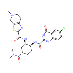 CN1CCc2nc(C(=O)N[C@@H]3C[C@@H](C(=O)N(C)C)CC[C@@H]3NC(=O)c3nc4ccc(Cl)cc4c(=O)[nH]3)sc2C1 ZINC000049756660