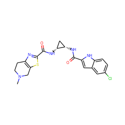 CN1CCc2nc(C(=O)N[C@@H]3C[C@@H]3NC(=O)c3cc4cc(Cl)ccc4[nH]3)sc2C1 ZINC000028948613