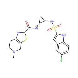 CN1CCc2nc(C(=O)N[C@@H]3C[C@@H]3NS(=O)(=O)c3cc4cc(Cl)ccc4[nH]3)sc2C1 ZINC000028948601