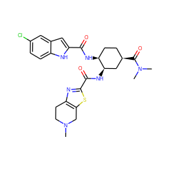 CN1CCc2nc(C(=O)N[C@@H]3C[C@H](C(=O)N(C)C)CC[C@@H]3NC(=O)c3cc4cc(Cl)ccc4[nH]3)sc2C1 ZINC000042808842