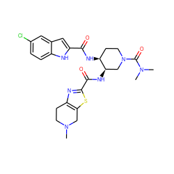 CN1CCc2nc(C(=O)N[C@@H]3CN(C(=O)N(C)C)CC[C@@H]3NC(=O)c3cc4cc(Cl)ccc4[nH]3)sc2C1 ZINC000029128358