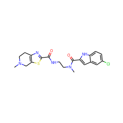 CN1CCc2nc(C(=O)NCCN(C)C(=O)c3cc4cc(Cl)ccc4[nH]3)sc2C1 ZINC000071296432