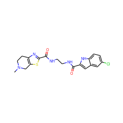 CN1CCc2nc(C(=O)NCCNC(=O)c3cc4cc(Cl)ccc4[nH]3)sc2C1 ZINC000071330850