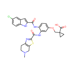 CN1CCc2nc(C(=O)Nc3cc(OCC4(C(=O)O)CC4)ccc3NC(=O)c3cc4cc(Cl)ccc4[nH]3)sc2C1 ZINC000071296845