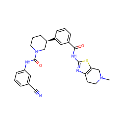 CN1CCc2nc(NC(=O)c3cccc([C@@H]4CCCN(C(=O)Nc5cccc(C#N)c5)C4)c3)sc2C1 ZINC000141660115