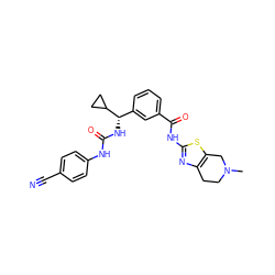 CN1CCc2nc(NC(=O)c3cccc([C@H](NC(=O)Nc4ccc(C#N)cc4)C4CC4)c3)sc2C1 ZINC000141663599