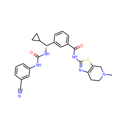 CN1CCc2nc(NC(=O)c3cccc([C@H](NC(=O)Nc4cccc(C#N)c4)C4CC4)c3)sc2C1 ZINC000220426499