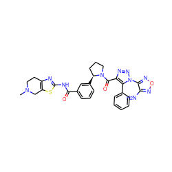 CN1CCc2nc(NC(=O)c3cccc([C@H]4CCCN4C(=O)c4nnn(-c5nonc5N)c4-c4ccccc4)c3)sc2C1 ZINC000199982250