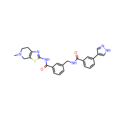 CN1CCc2nc(NC(=O)c3cccc(CNC(=O)c4cccc(-c5cn[nH]c5)c4)c3)sc2C1 ZINC000169701486