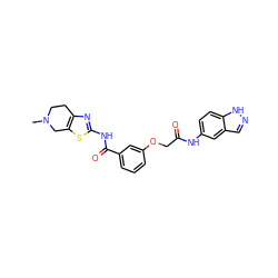 CN1CCc2nc(NC(=O)c3cccc(OCC(=O)Nc4ccc5[nH]ncc5c4)c3)sc2C1 ZINC000200023593