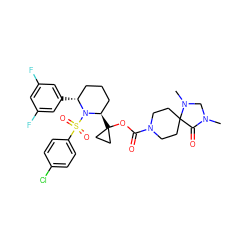 CN1CN(C)C2(CCN(C(=O)OC3([C@@H]4CCC[C@@H](c5cc(F)cc(F)c5)N4S(=O)(=O)c4ccc(Cl)cc4)CC3)CC2)C1=O ZINC000028879311