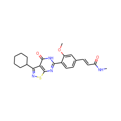 CNC(=O)/C=C/c1ccc(-c2nc3snc(C4CCCCC4)c3c(=O)[nH]2)c(OC)c1 ZINC000084635720