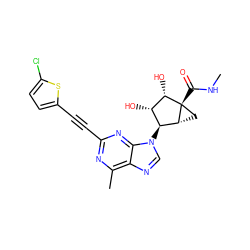 CNC(=O)[C@@]12C[C@@H]1[C@@H](n1cnc3c(C)nc(C#Cc4ccc(Cl)s4)nc31)[C@H](O)[C@@H]2O ZINC000653852909