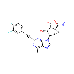 CNC(=O)[C@@]12C[C@@H]1[C@@H](n1cnc3c(C)nc(C#Cc4ccc(F)c(F)c4)nc31)[C@H](O)[C@@H]2O ZINC000653853285