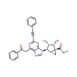 CNC(=O)[C@@]12C[C@@H]1[C@@H](n1cnc3c(CC(=O)c4ccccc4)nc(C#Cc4ccccc4)nc31)[C@H](O)[C@@H]2O ZINC000653841683