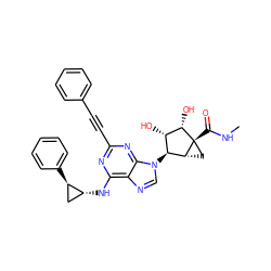 CNC(=O)[C@@]12C[C@@H]1[C@@H](n1cnc3c(N[C@@H]4C[C@H]4c4ccccc4)nc(C#Cc4ccccc4)nc31)[C@H](O)[C@@H]2O ZINC000299836902