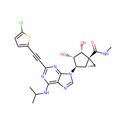 CNC(=O)[C@@]12C[C@@H]1[C@@H](n1cnc3c(NC(C)C)nc(C#Cc4ccc(Cl)s4)nc31)[C@H](O)[C@@H]2O ZINC000473137877