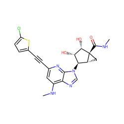 CNC(=O)[C@@]12C[C@@H]1[C@@H](n1cnc3c(NC)cc(C#Cc4ccc(Cl)s4)nc31)[C@H](O)[C@@H]2O ZINC000473135021